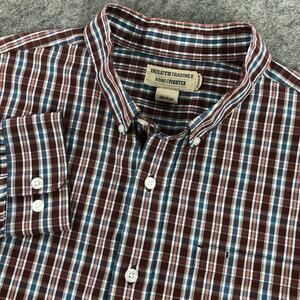 Duluth Mens Button Up Shirt XLT Maroon Blue Plaid Long Sleeve Wrinkle Fighter